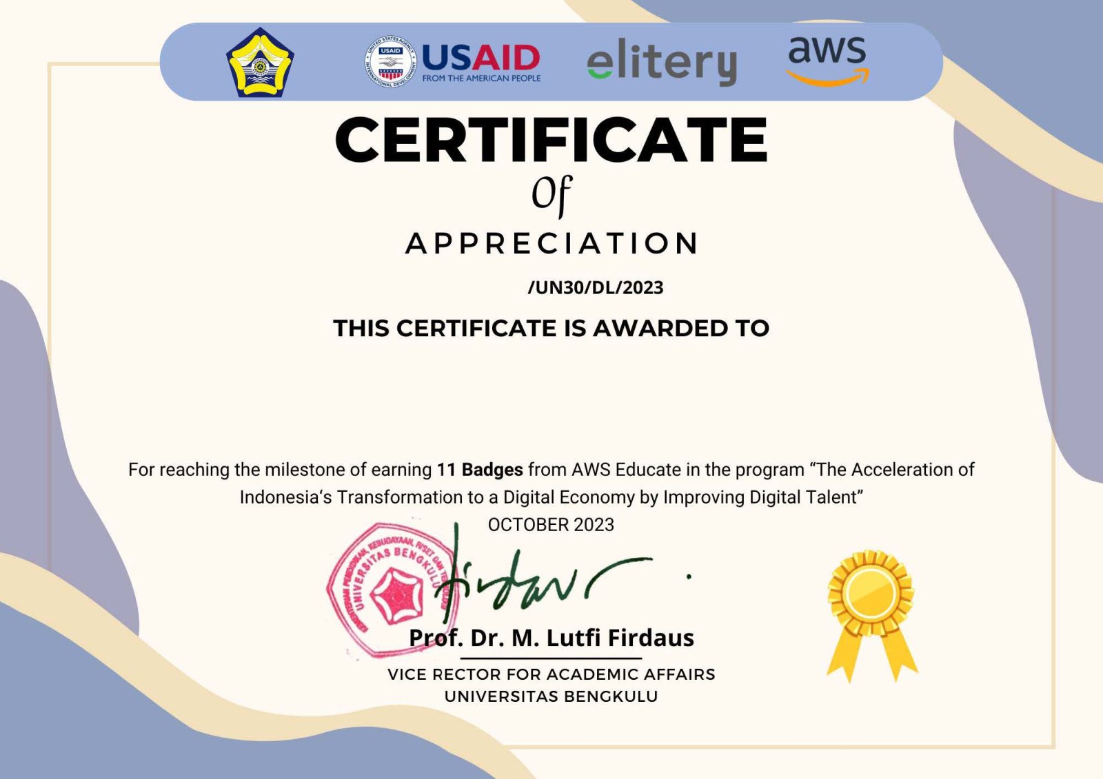Sertifikat TALENTA AWS Mahasiswa Informatika Semester Ganjil 2023/2024