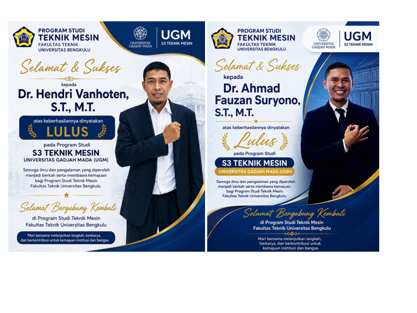 Dua Dosen Teknik Mesin FT UNIB Resmi Menyandang Gelar Doktor dari Program Studi S3 Teknik Mesin UGM