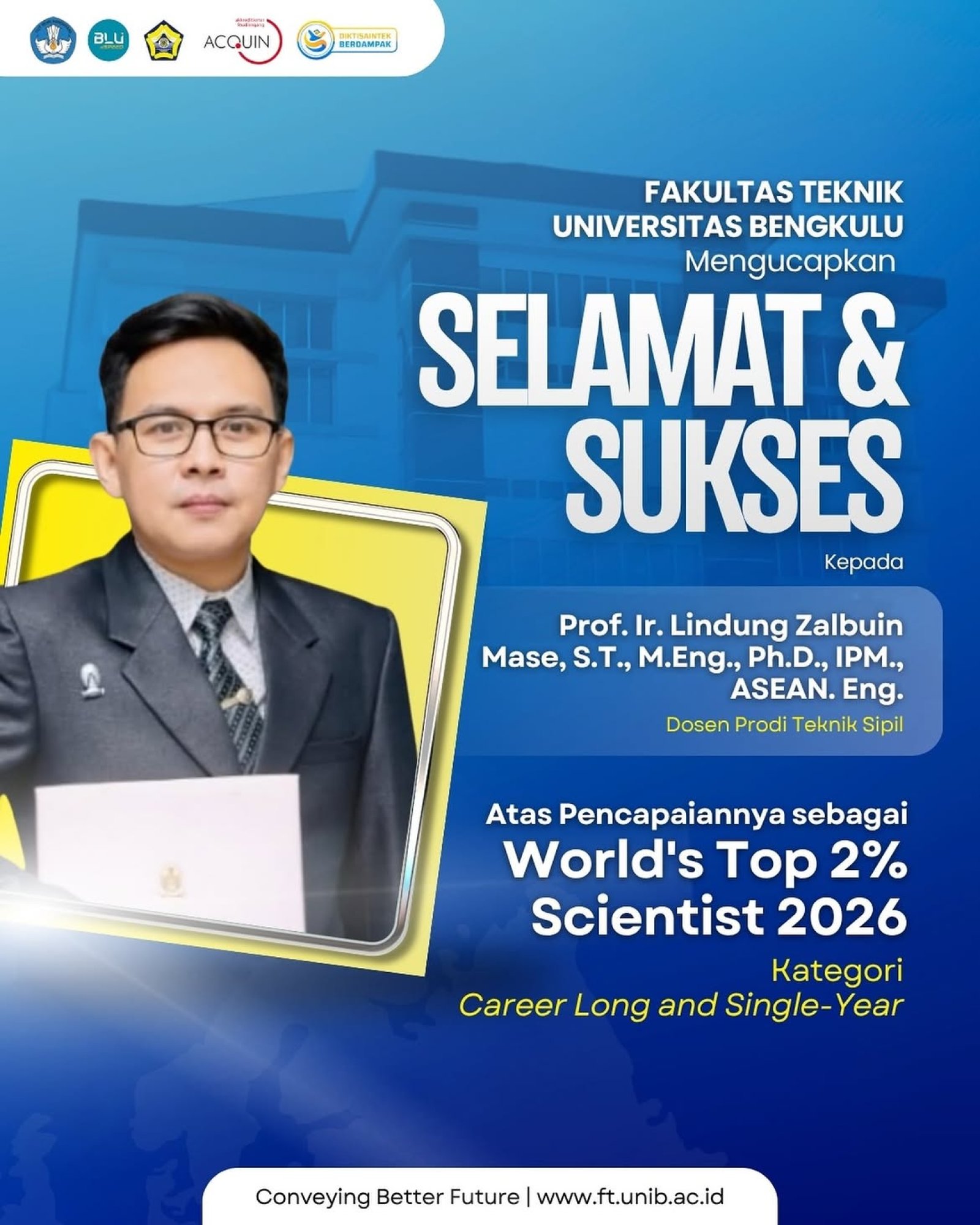 Dosen Teknik Sipil Fakultas Teknik UNIB Raih Predikat World's Top 2% Scientist 2026