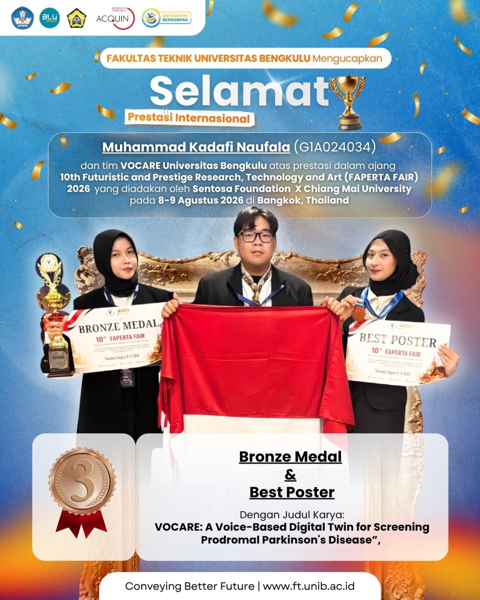 Mahasiswa FT UNIB Raih Bronze Medal dan Best Poster di Ajang FAPERTA FAIR 2026