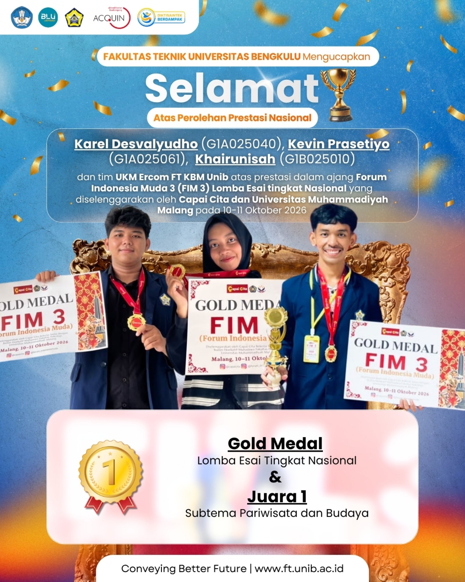 Mahasiswa FT UNIB Raih Gold Medal dan Juara 1 Lomba Esai Nasional FIM 3