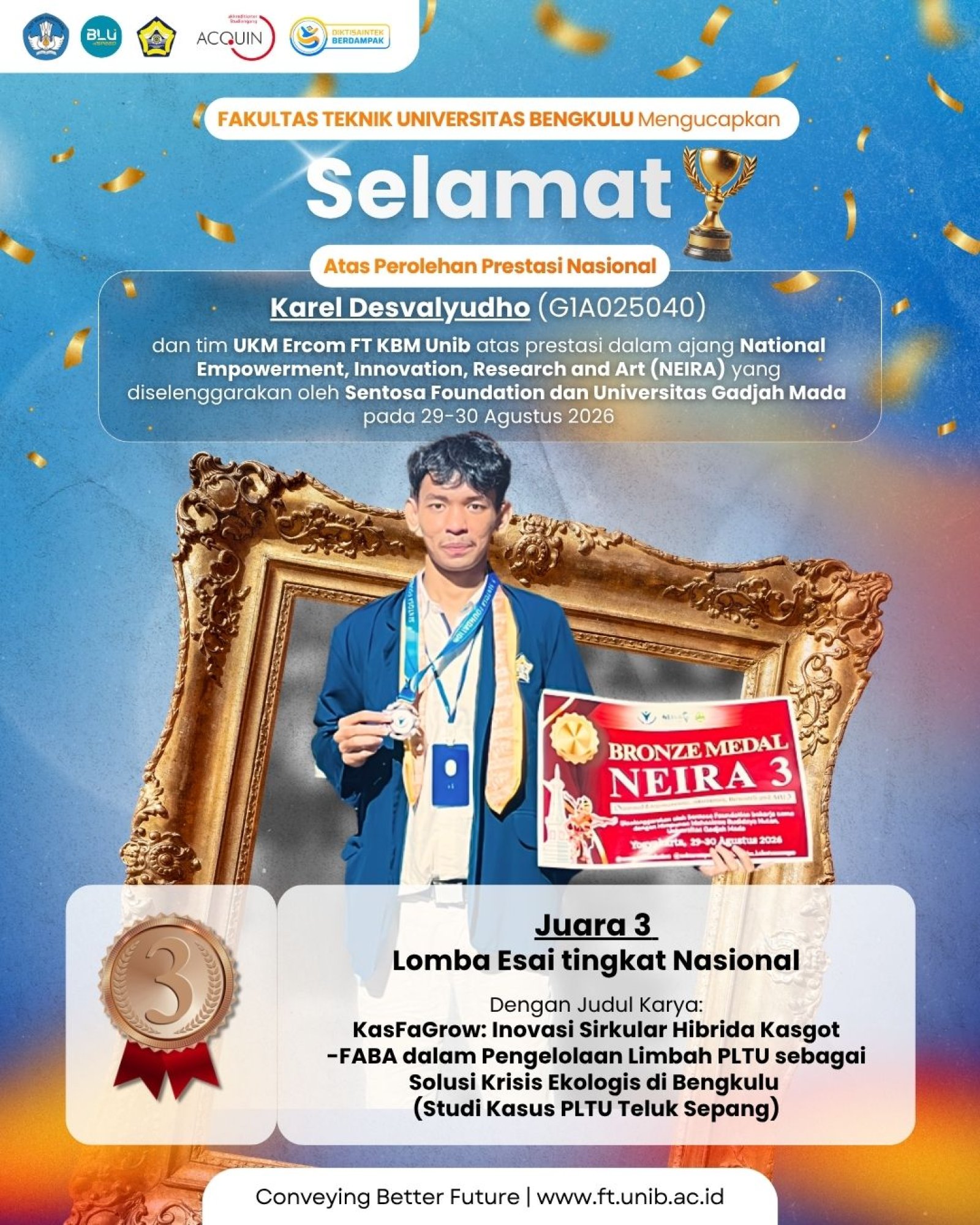 Mahasiswa FT UNIB dan UKM Ercom Raih Juara 3 Esai Tingkat Nasional pada NEIRA 3