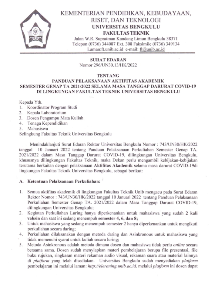 Surat Edaran Panduan Pelaksanaan Kegiatan Akademik Semester Genap TA 2021/2022 di Lingkungan Fakultas Teknik